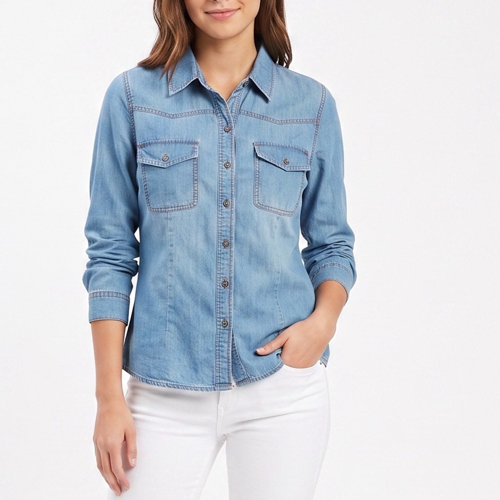 Forever 21 Shirt Women XL Plus Button-Down Blue Chambray Long Sleeve Good